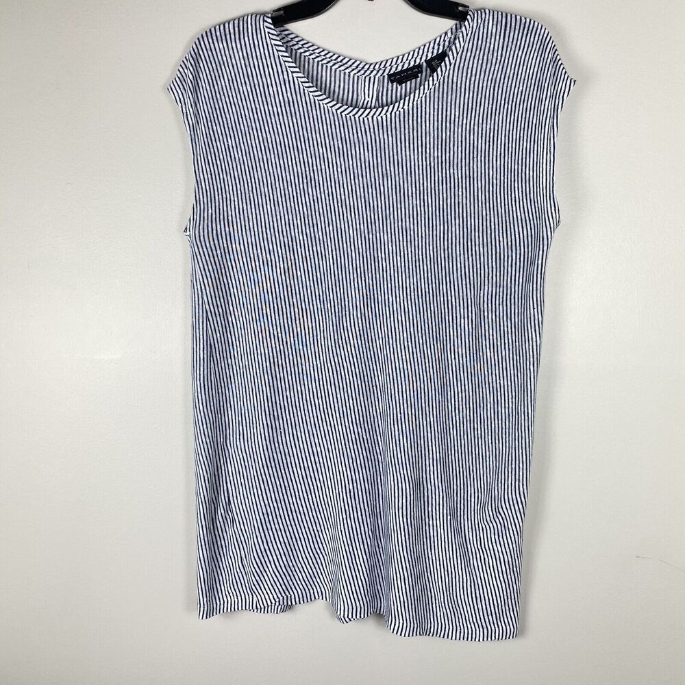 Tahari Blue Stripe Linen Tank Top Medium Asymmetric Nautical Beachy